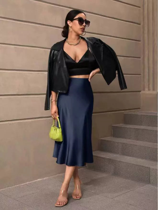 Hip Wrapped Fishtail Skirt Satin Mid Length Skirt Autumn Women Clothing Direct