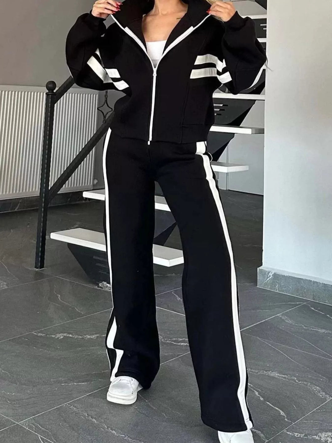 Full Size Striped Zip Up Outerwear and Pants Set Plus Size