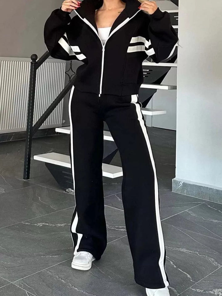 Full Size Striped Zip Up Outerwear and Pants Set Plus Size