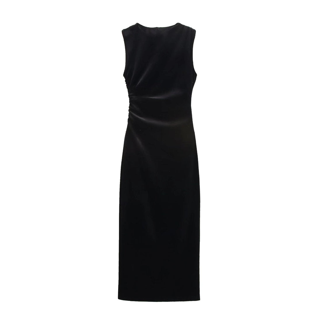 Spring Women Elegant Velvet Texture Pleated Midi Dress