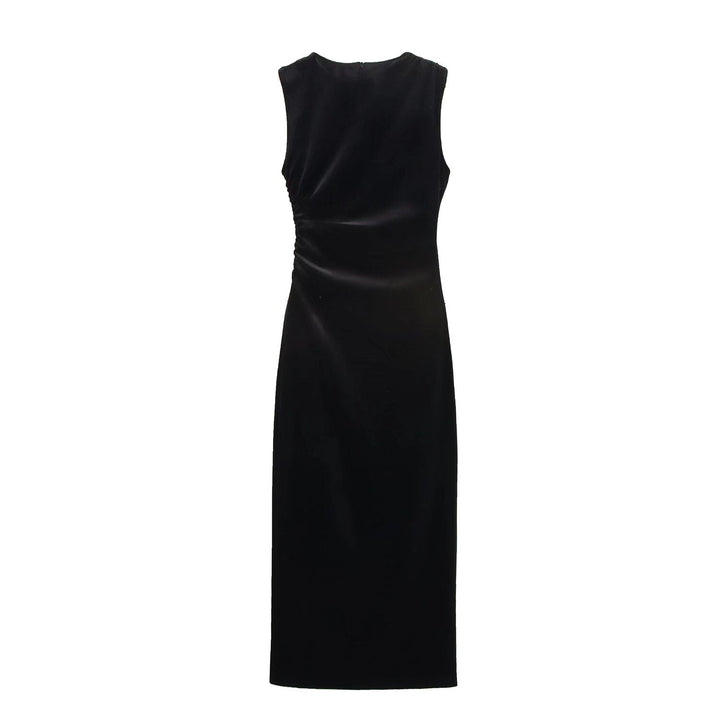 Spring Women Elegant Velvet Texture Pleated Midi Dress