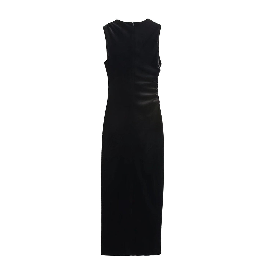 Spring Women Elegant Velvet Texture Pleated Midi Dress