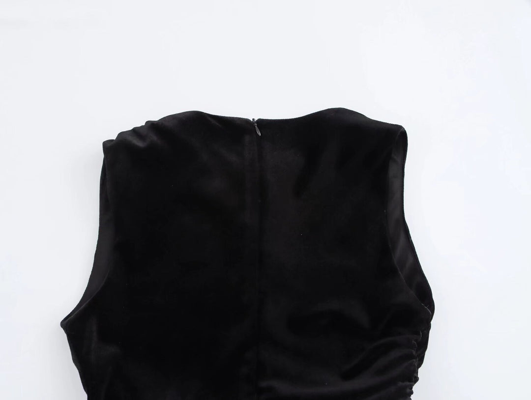 Spring Women Elegant Velvet Texture Pleated Midi Dress