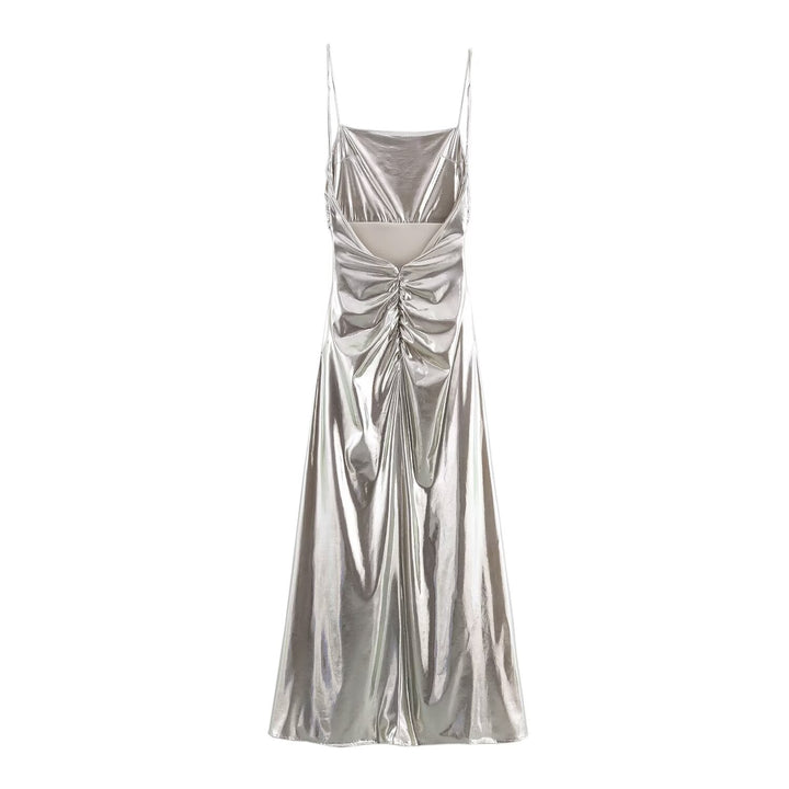 Women Clothing Metal Foil Pleated Slim Strap Dress