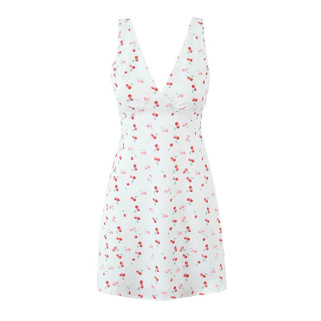 Women Clothing Summer Sexy Low Cut V neck Sleeveless Printed Dress