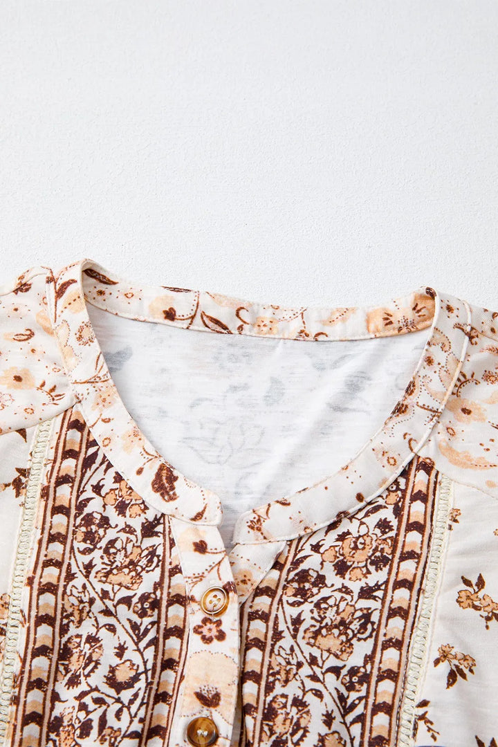 Boho Floral Print Half Placket Short Sleeve Loose Blouse