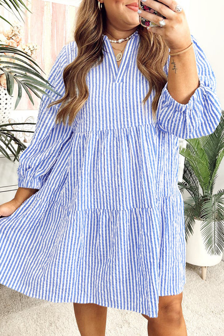 Sky Blue Stripe Seersucker Textured Notched Neck Long Puff Sleeve Tiered Curvy Dress