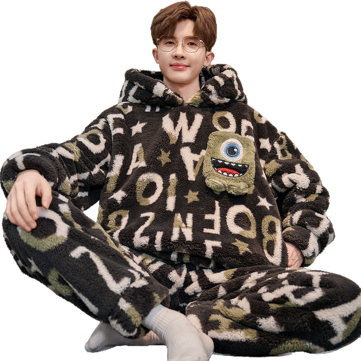 Mens Thickened Cartoon Plus-Size Pajama Set