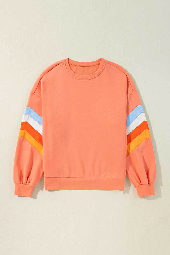 Flamingo Rainbow Striped Sleeve Crew Neck Loose Sweatshirt
