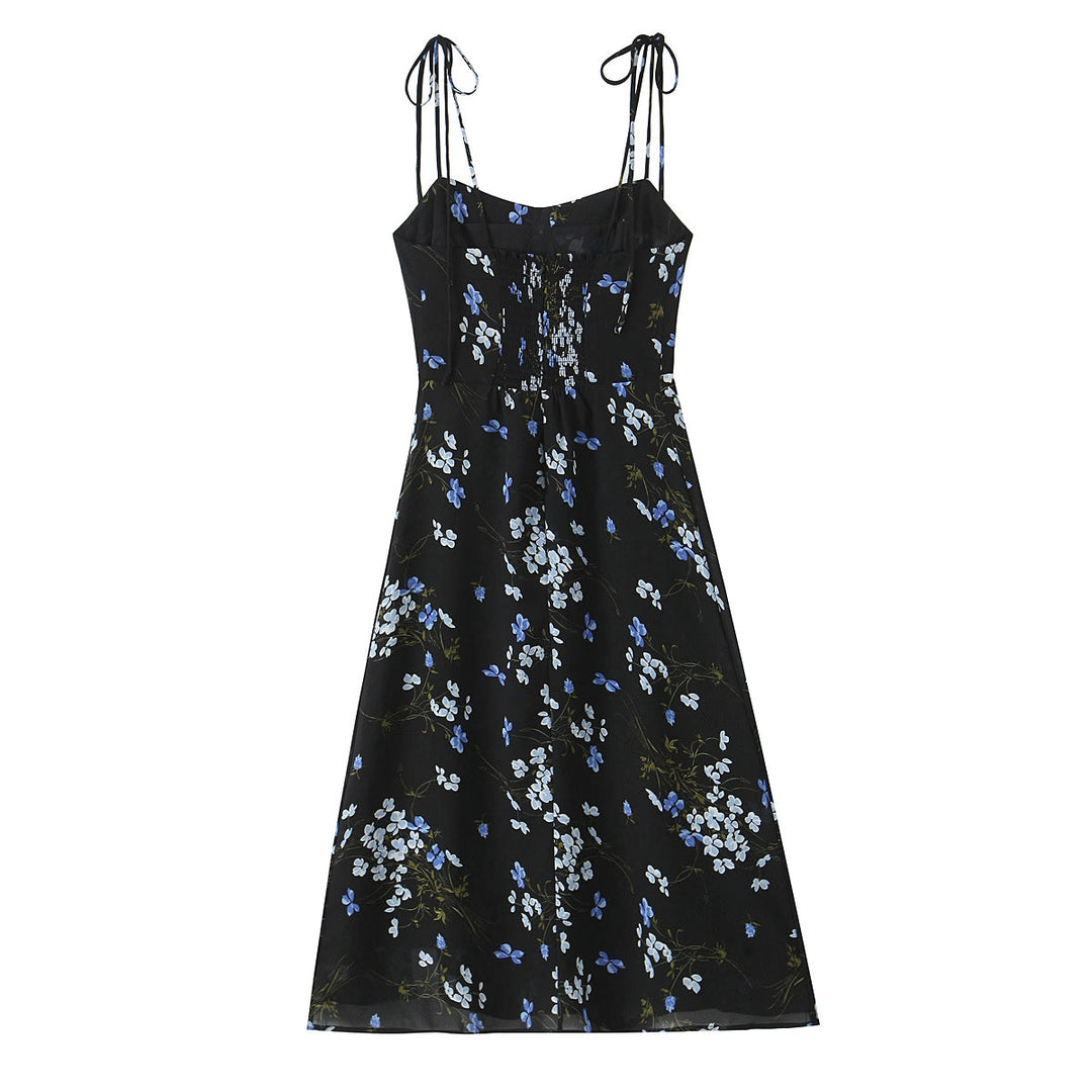 Spring French Vintage Floral Printed High Waist Sexy Side Split Hem Sling Dress