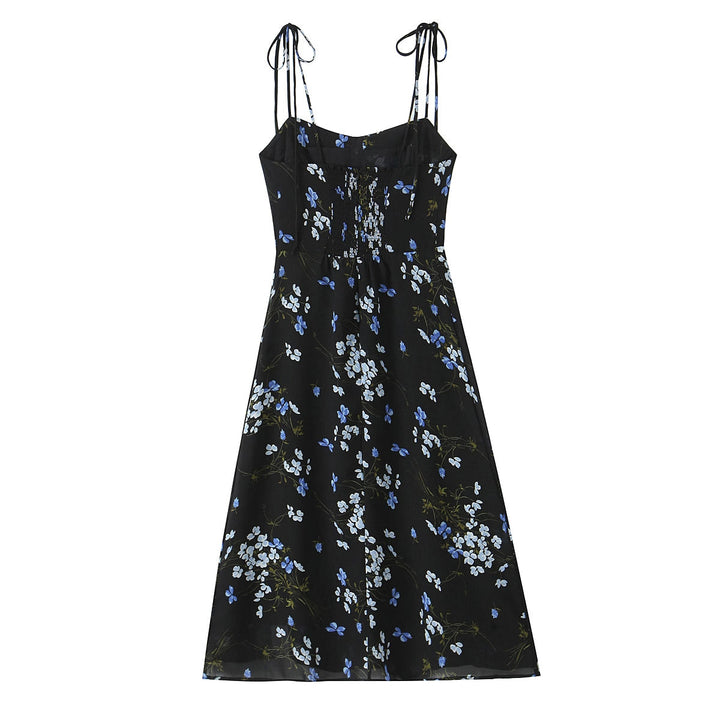 Spring French Vintage Floral Printed High Waist Sexy Side Split Hem Sling Dress