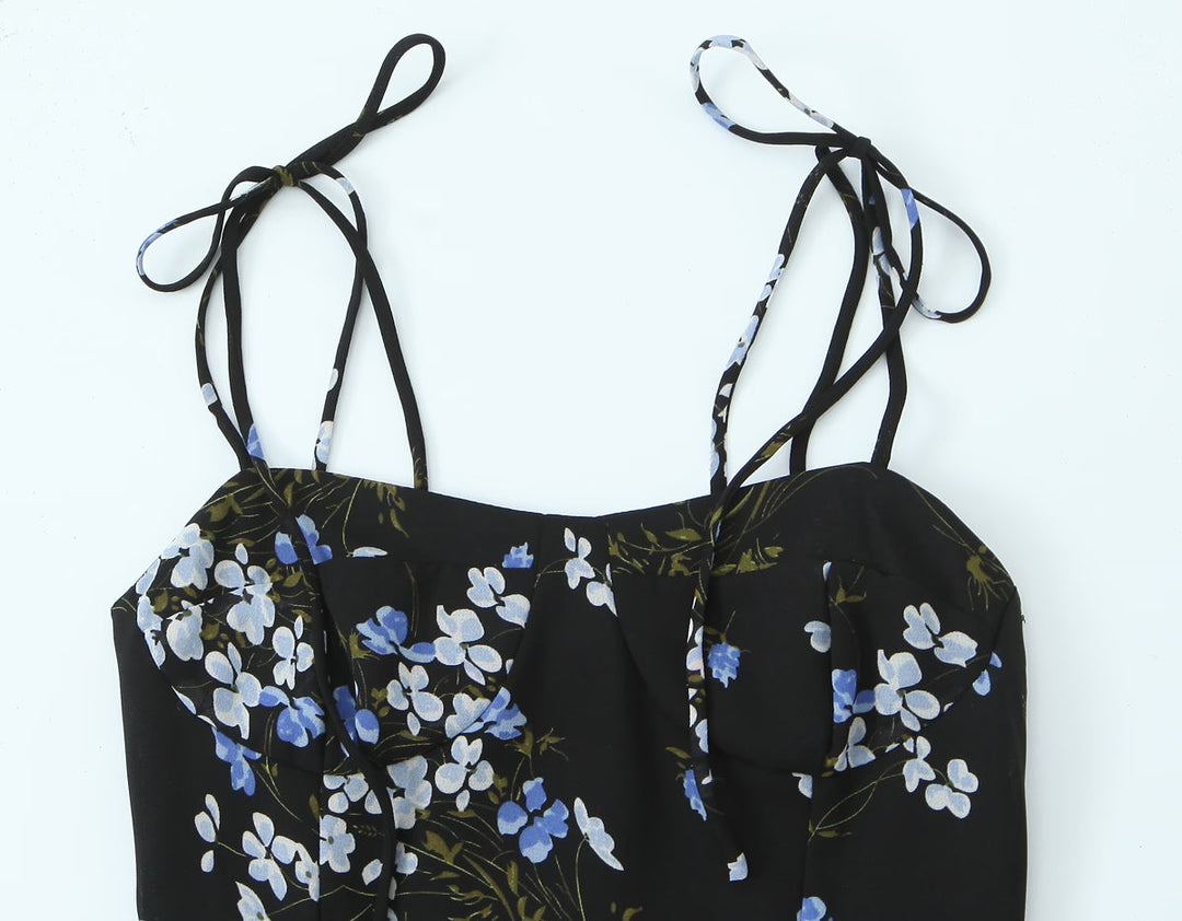 Spring French Vintage Floral Printed High Waist Sexy Side Split Hem Sling Dress