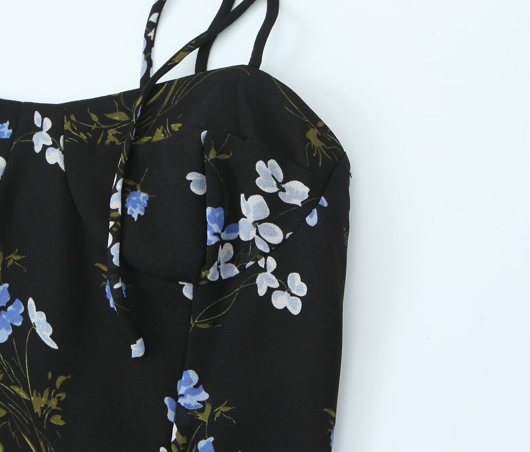 Spring French Vintage Floral Printed High Waist Sexy Side Split Hem Sling Dress