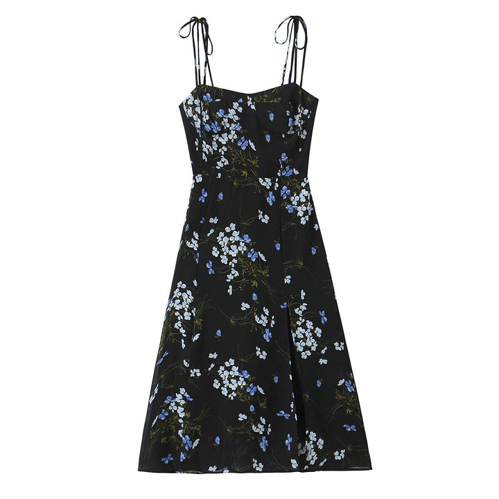 Spring French Vintage Floral Printed High Waist Sexy Side Split Hem Sling Dress