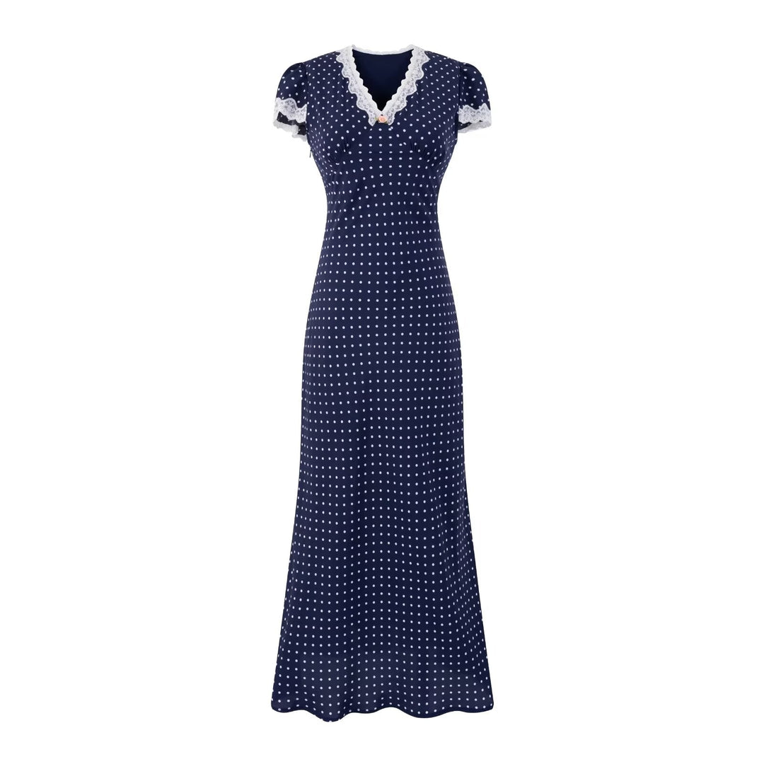 V neck Lace Stitching Short Sleeve Dress Women Polka Dot Print Slim Fit Waist Controlled Lace up Fishtail Dress