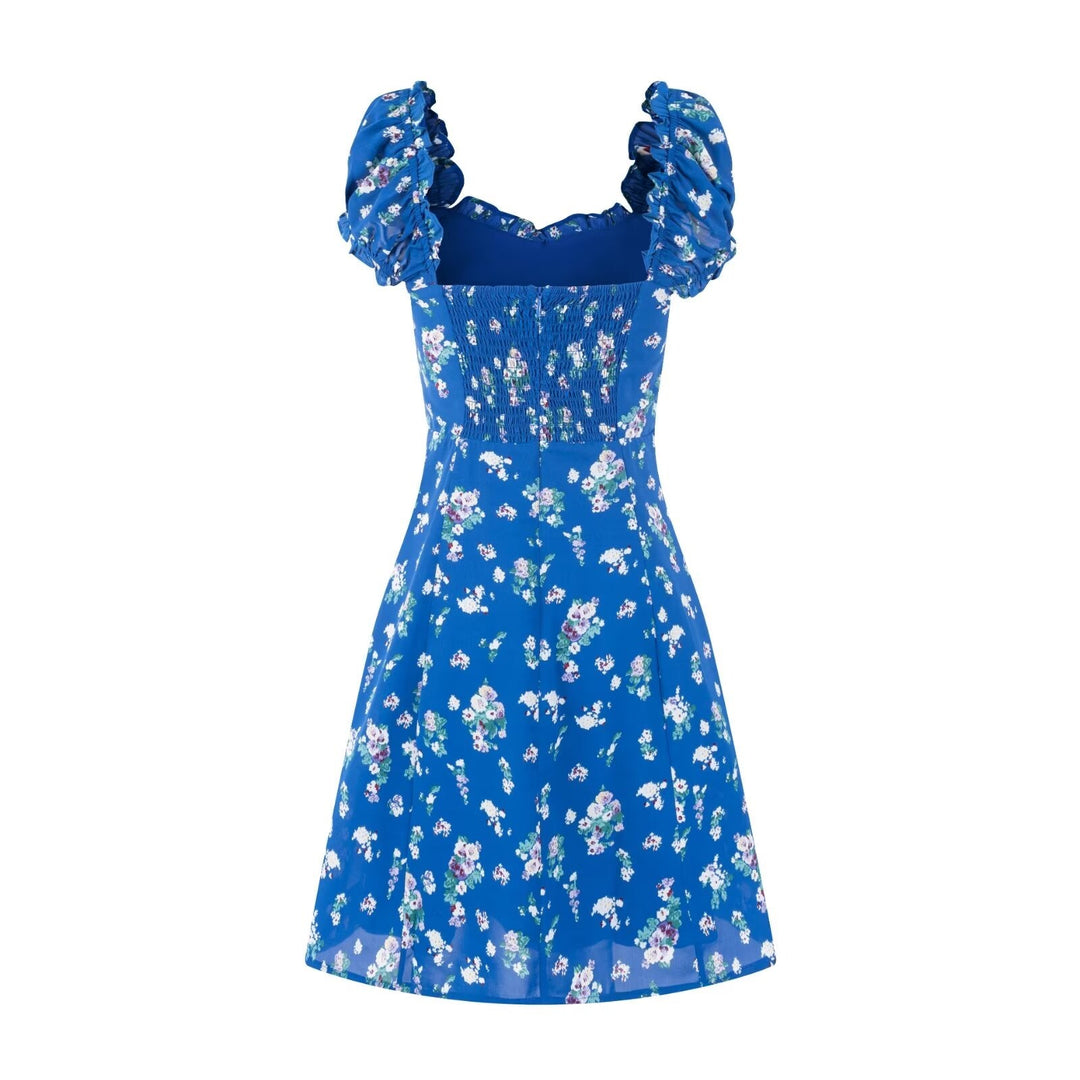 Early Spring Square Collar Puff Sleeve Waist Slimming Printing Dress