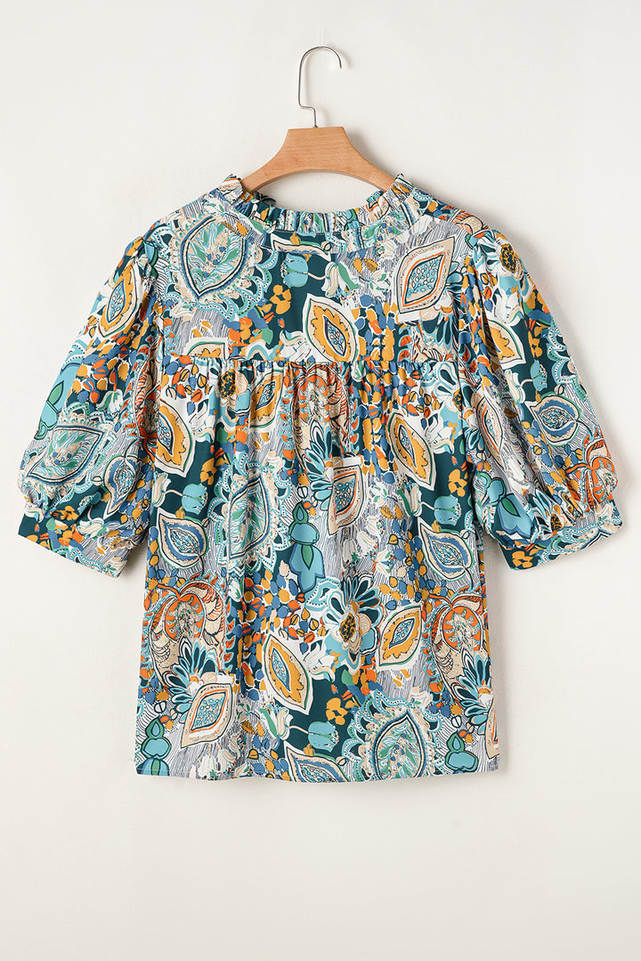 Multicolour Plus Size Floral Print Half Sleeve Slit Neck Blouse