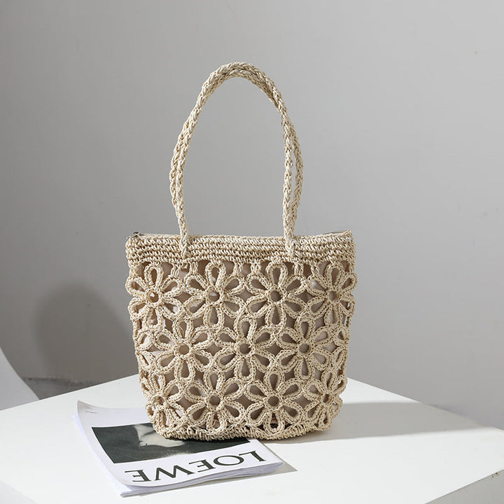 Straw Bag Hollow Out Cutout Floral Straw Bag Woven Bag Women Bag Shoulder Portable Seaside Vacation Beach Bag Rattan Weave Bag