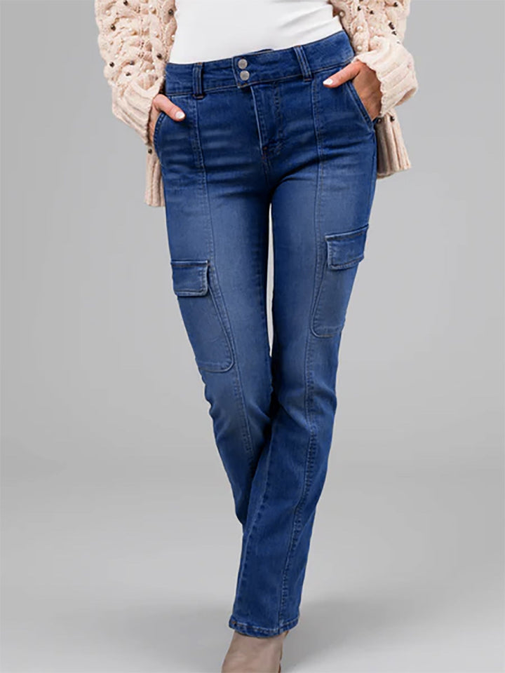 Ladies Double Buckle Waist Stitching Multi Pocket Side Sticker Bag Overalls Denim Stretch Trousers