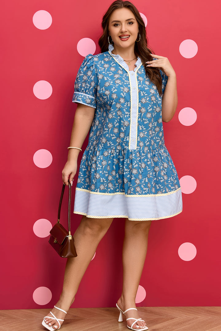 Blue Plus Size Floral Print Striped Patchwork Detail Button Front Ruffle Hem Dress