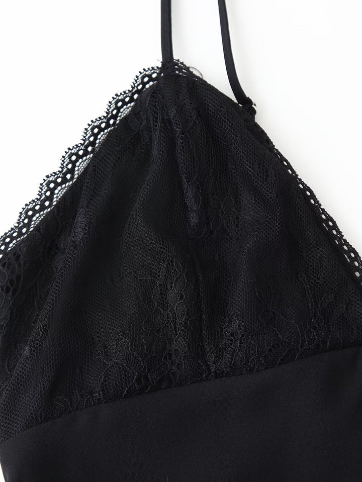 Spring Summer Sexy Halter Backless Lace V neck Patchwork Suspender