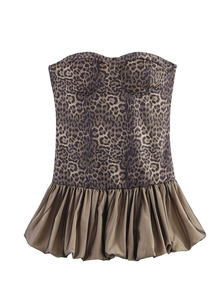 Leopard Splicing Tube Top Pettiskirt Summer Sexy off the Shoulder Party Cocktail Short Dress Slim Fit Mini Dress