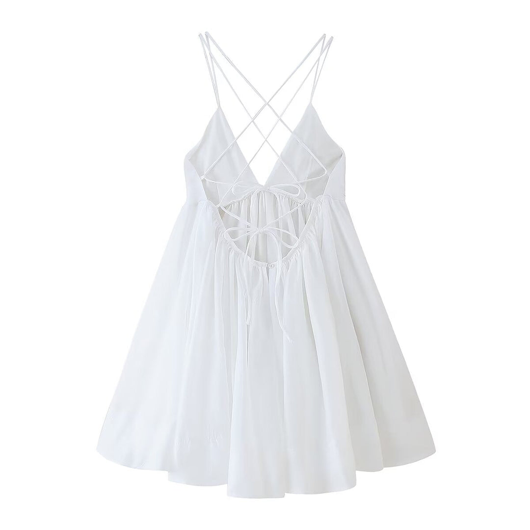 Women Clothing Sexy Backless Lace up Deep V Plunge neck Tight Waist Short Dress Pettiskirt