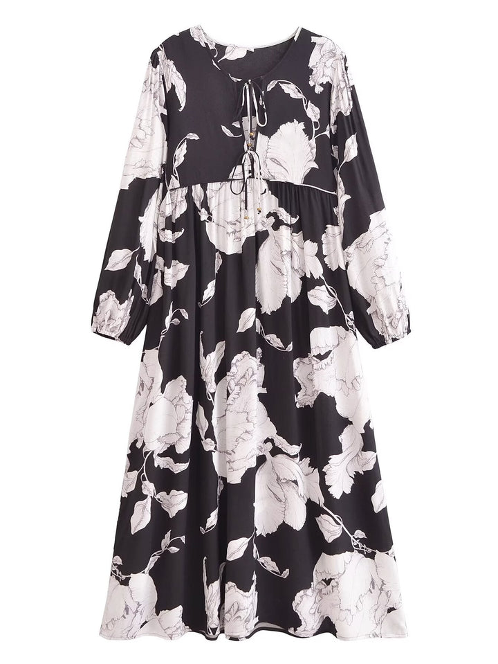 Rayon Printed Tassel Bohemian Loose Long Sleeve Dress Summer Casual