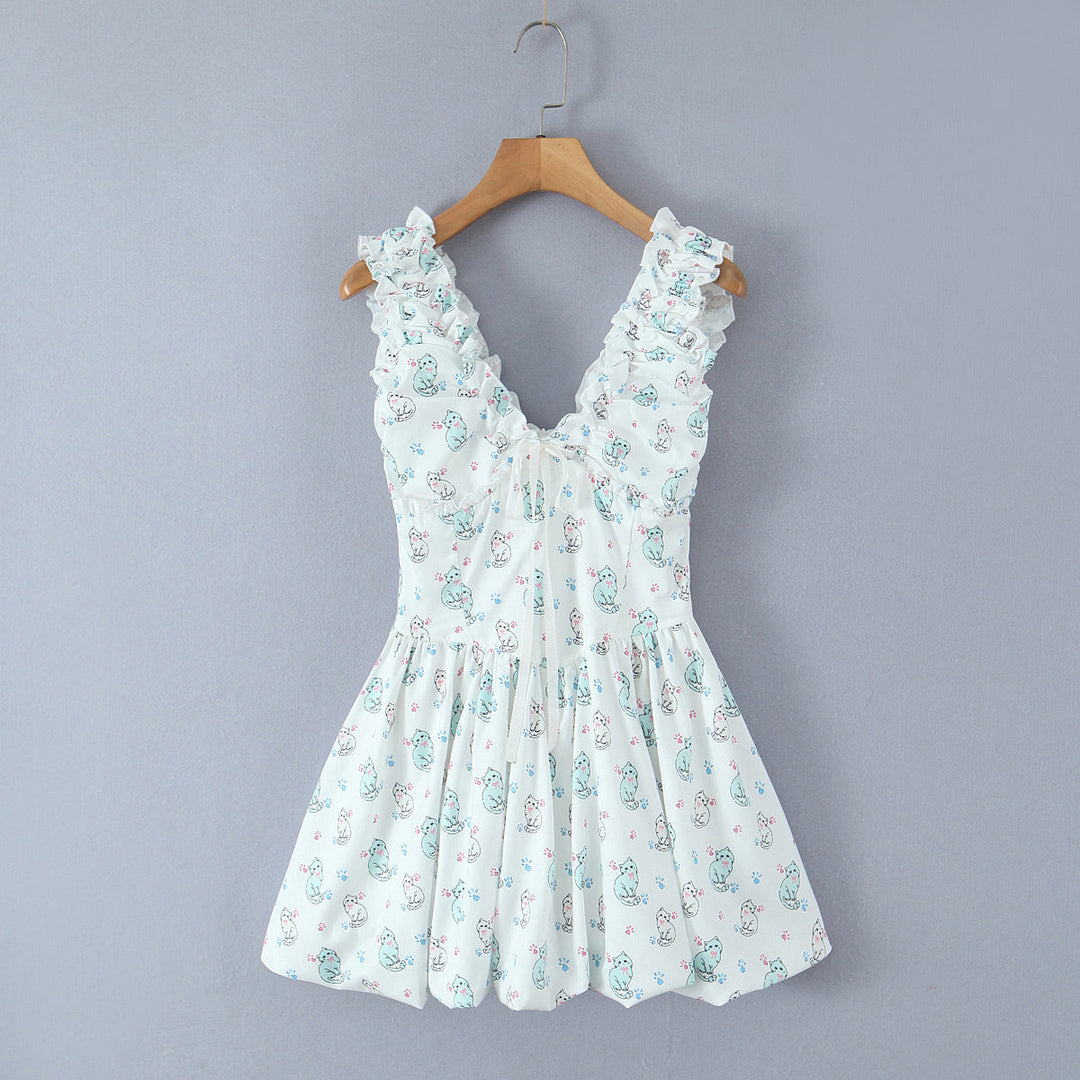 Spring Summer Women Clothing Sexy Fresh Printed V neck Tulle Dress