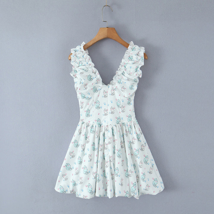 Spring Summer Women Clothing Sexy Fresh Printed V neck Tulle Dress