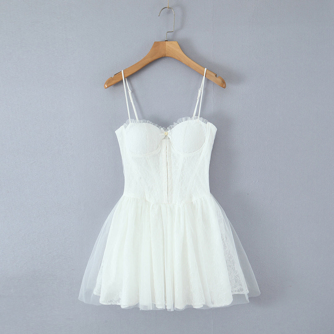 Spring Summer Vacation Sexy Little Fresh Sweet Spicy Waist Shaping Lace Embroidery Dress