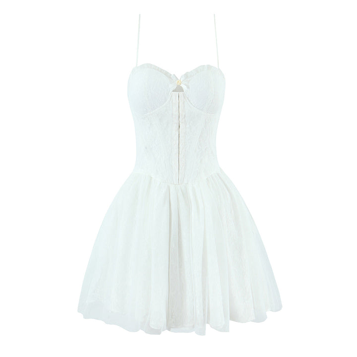 Spring Summer Vacation Sexy Little Fresh Sweet Spicy Waist Shaping Lace Embroidery Dress