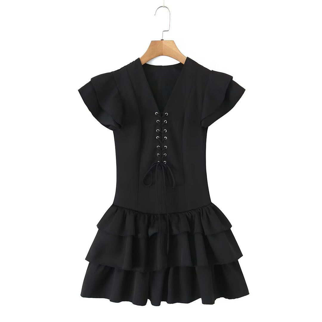 Summer Women Sexy Flying Sleeve Lace up Slim Fitting Patchwork Solid Color Tiered Dress