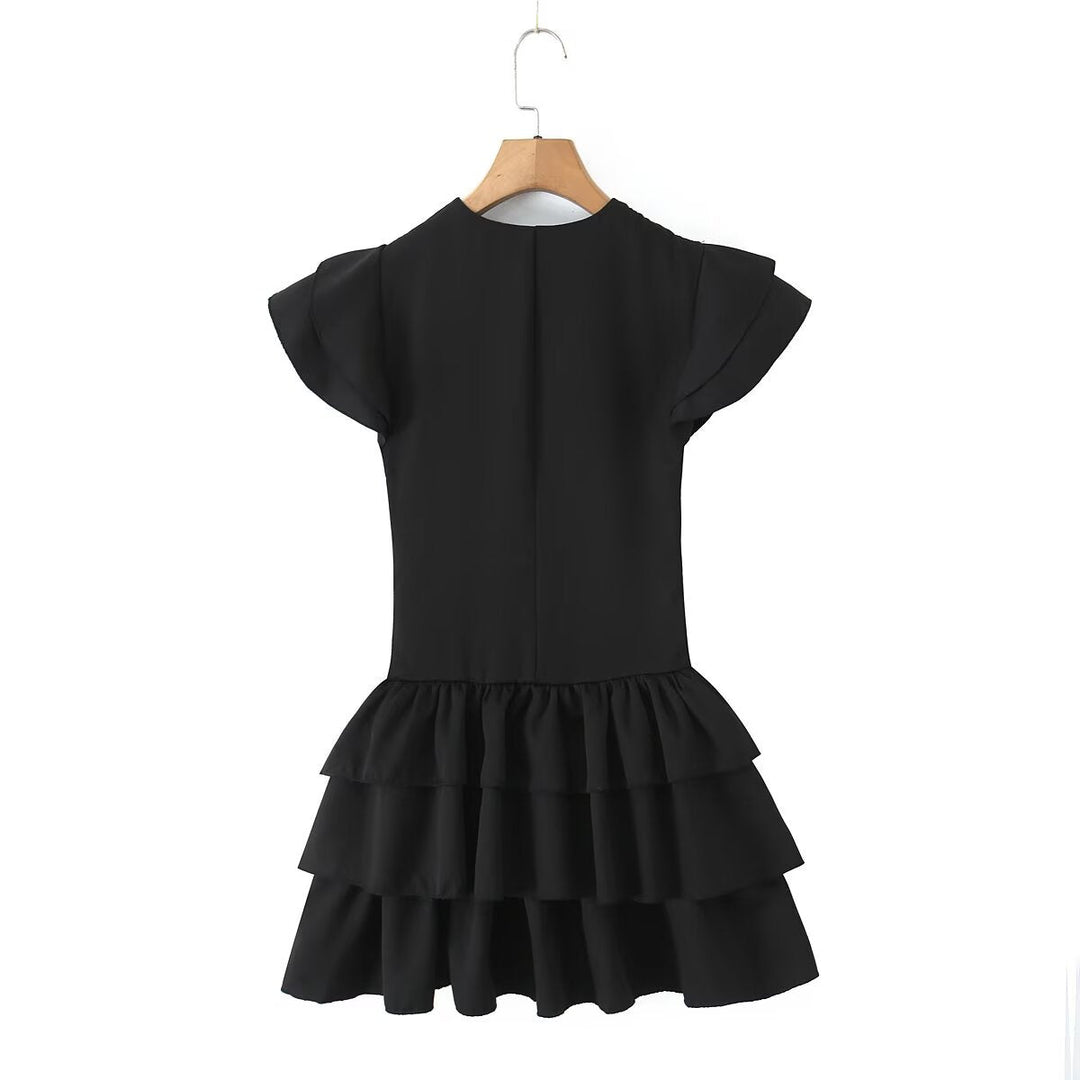 Summer Women Sexy Flying Sleeve Lace up Slim Fitting Patchwork Solid Color Tiered Dress