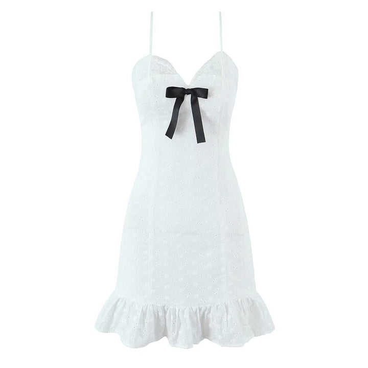 V neck Lace Chest Bow Suspender Dress Sweet Slim Fit Wooden Ear