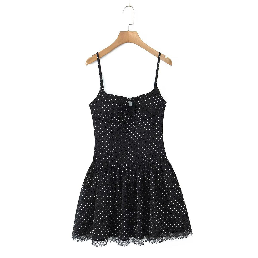 Summer Women Sexy Polka Dot Camisole Stitching Lace Bow Dress