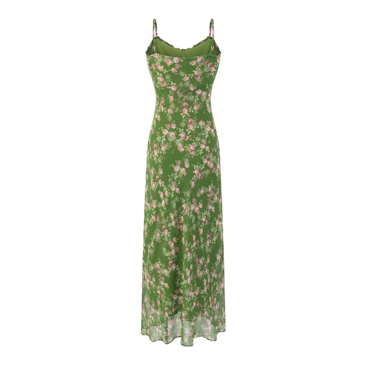 Spring Summer Beach Vacation Casual Floral Print Green Background Suspender Dress