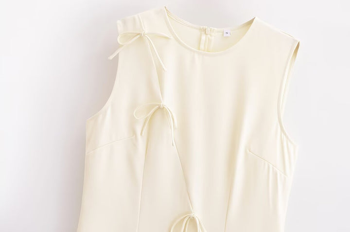 Spring Women Clothing Minimalist Bowknot Lace up Crew Neck Dress