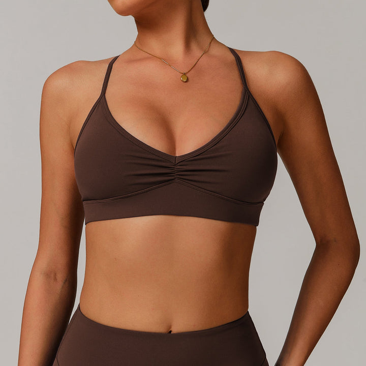 Sollinarry V neck Yoga Bra Cross Back Slimming Pleated Underwear Running Sports Workout Bra