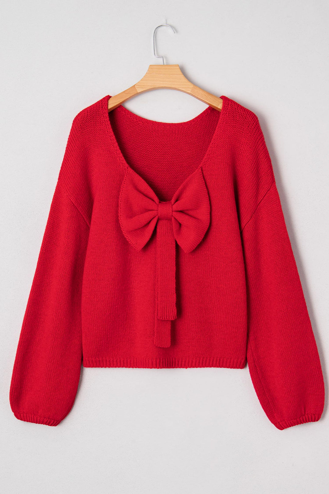 Fiery Red Festive Bow Backless Bubble Sleeve Sweater