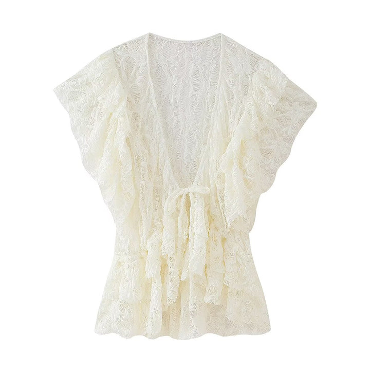 Women Clothing Summer Bowknot Decoration Lace Casual Wooden Ear Sleeve Cardigan Lace up Top