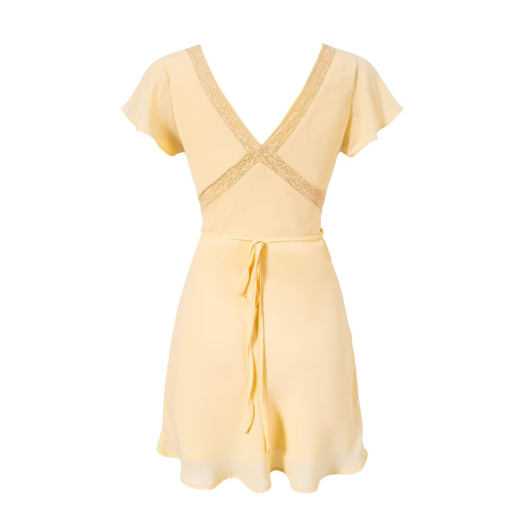 Spring Retro Debutante Classical Lace Stitching V neck Short Sleeve Dress