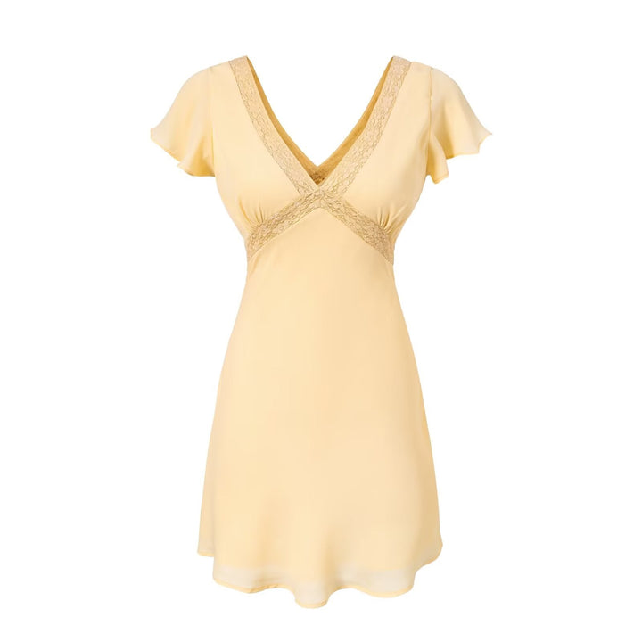 Spring Retro Debutante Classical Lace Stitching V neck Short Sleeve Dress