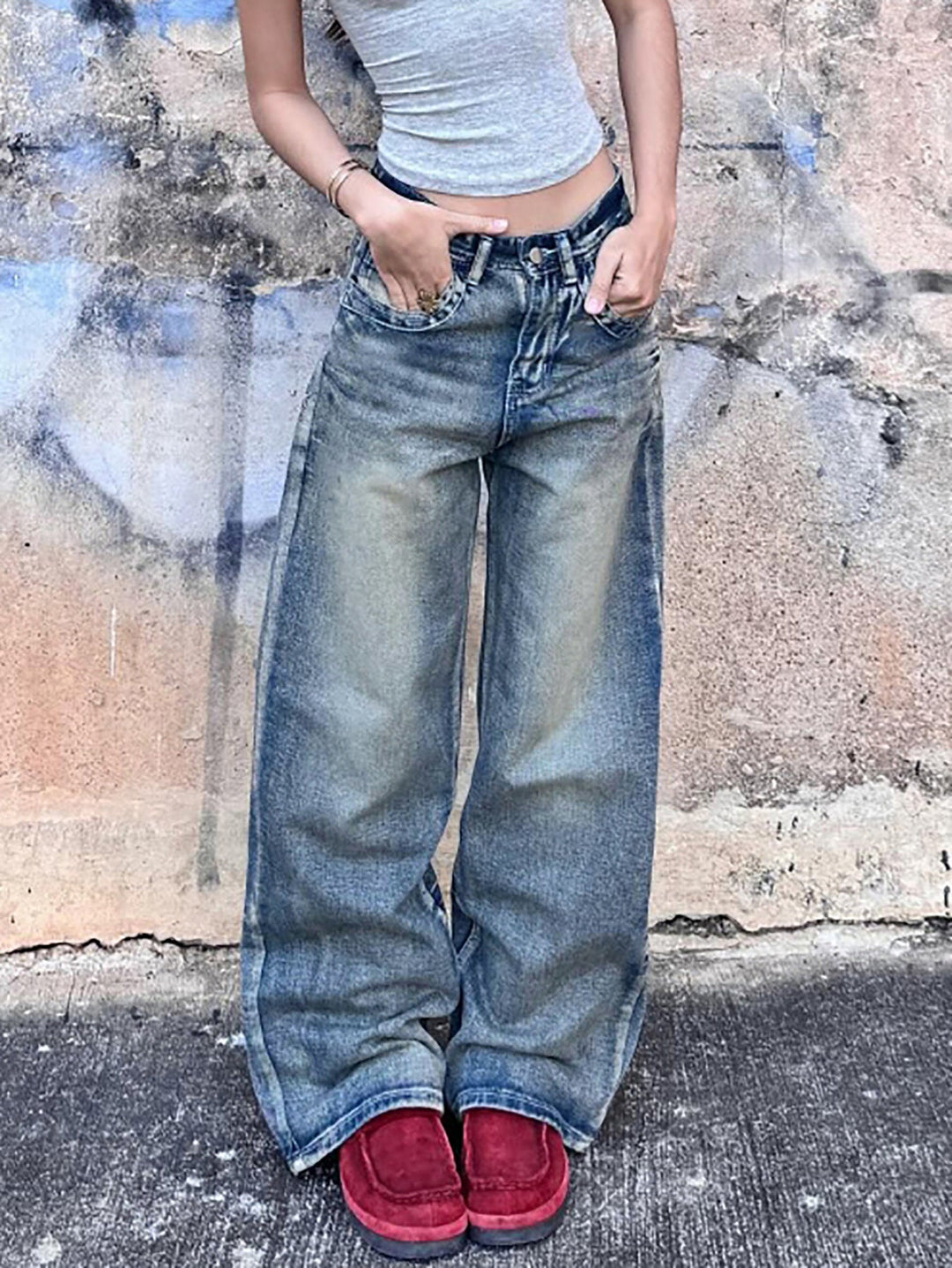 Ladies Loose Back Pocket plus Fold Front Pocket Seam Denim Wide Leg Non Elastic Trousers