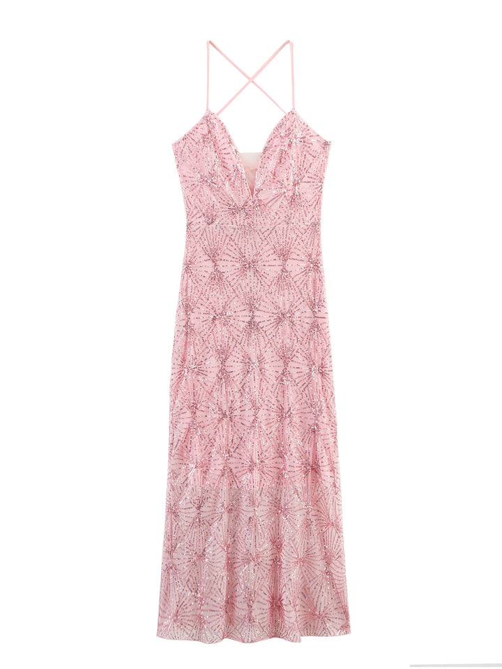 Women Clothing Summer Elegant Socialite Sequin Lace up Strapless Long Type Fishtail Dress