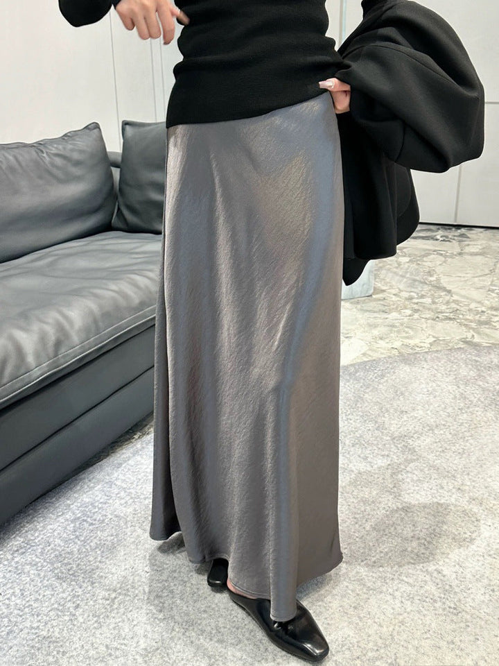 Acetate Satin Fishtail Skirt Women Simple Graceful Drooping Slimming Sheath A line Mid Length Skirt