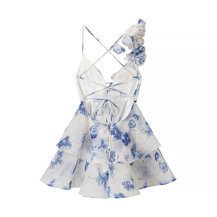 Homemade Women Clothing Fashionable Casual Floral Waist Trimming Spaghetti Straps Dress