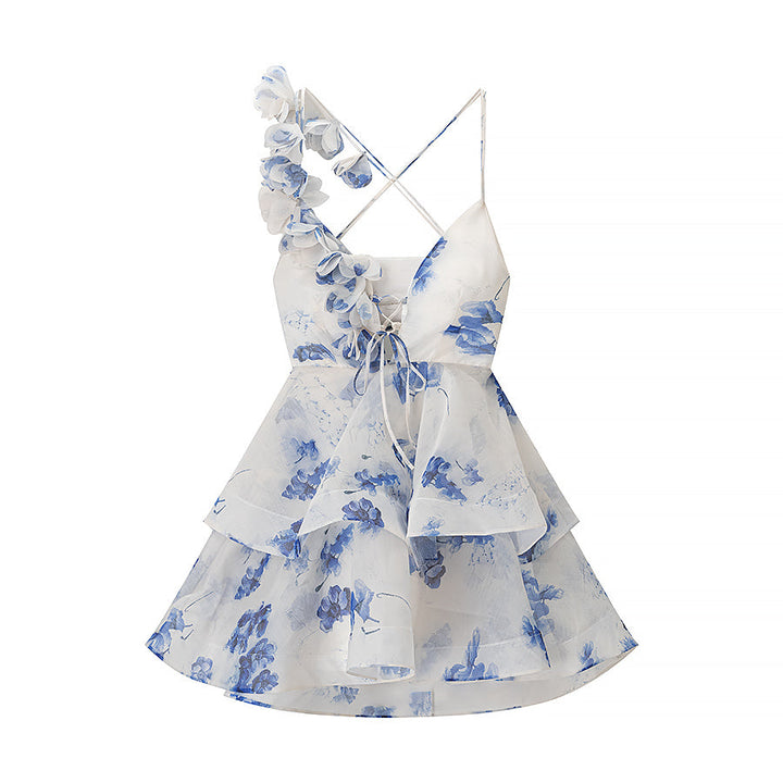 Homemade Women Clothing Fashionable Casual Floral Waist Trimming Spaghetti Straps Dress