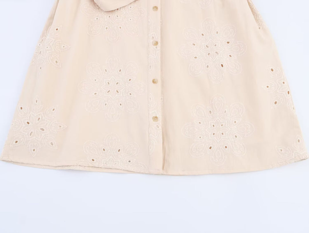 Women Clothing Summer Office Sleeveless Hollow Out Cutout Embroidery Short Dress