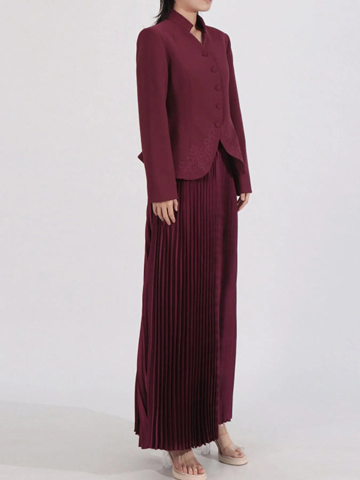 Button Up Long Sleeve Top and Pleated Skirt Set